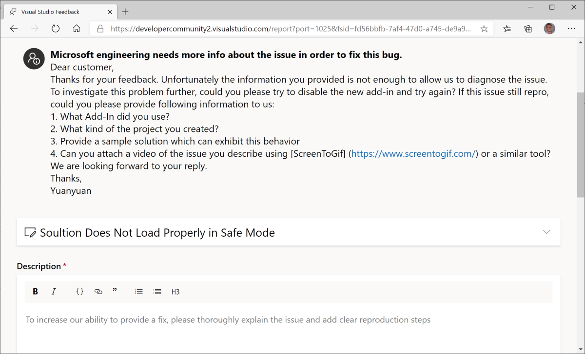 Screenshot della finestra Commenti e suggerimenti di Visual Studio che mostra le informazioni richieste da Microsoft per la risoluzione del problema.
