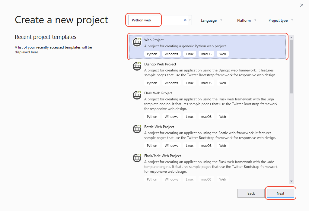 Screenshot che mostra come creare un nuovo progetto Web Python in Visual Studio 2019.