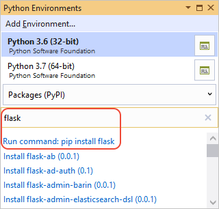 Screenshot che mostra come installare la libreria Flask usando pip install in Visual Studio 2019.