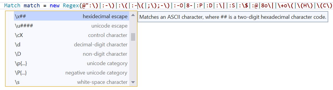 Screenshot di IntelliSense di completamento regex.