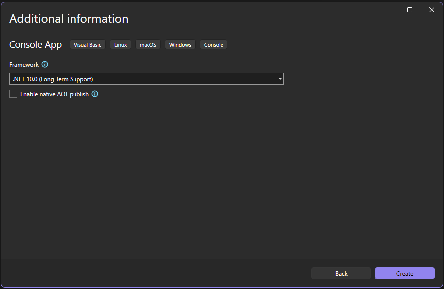 Screenshot della finestra di dialogo Informazioni aggiuntive in Visual Studio che mostra la versione di .NET Framework selezionata per il nuovo progetto.