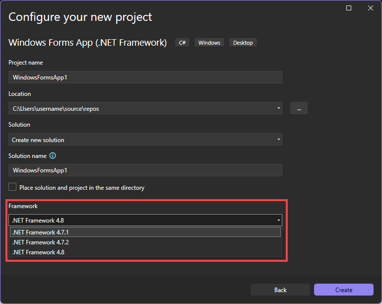 Screenshot dell'elenco a discesa Framework in Visual Studio.