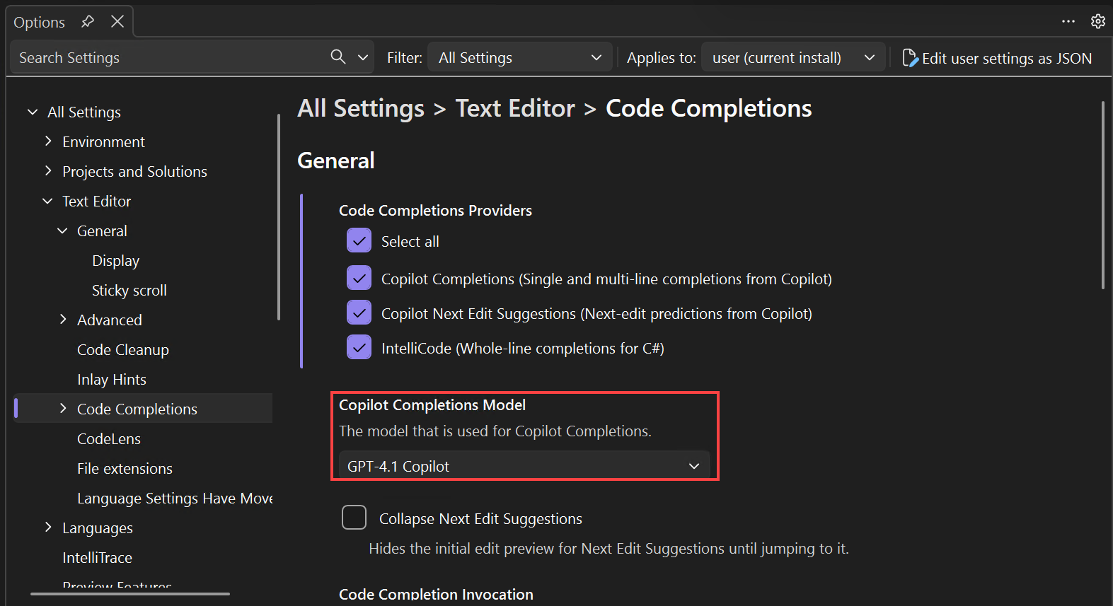 Screenshot che mostra come selezionare il modello di completamenti Copilot.