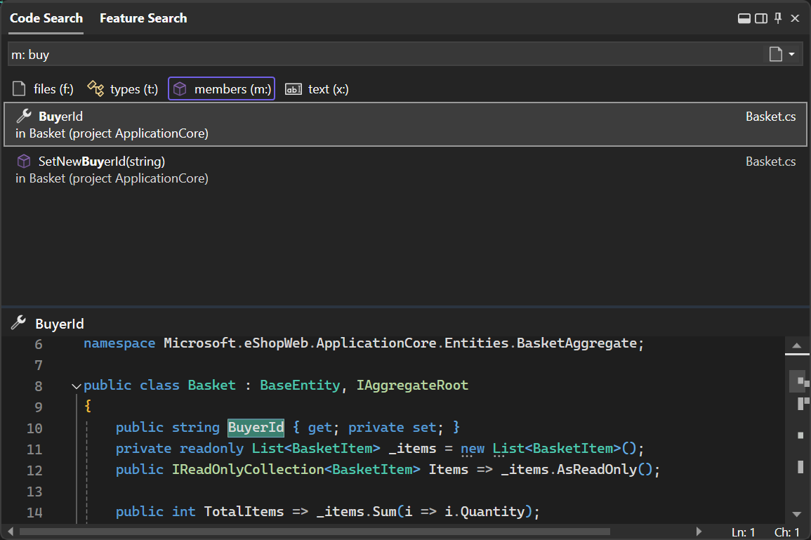 Screenshot dell'esperienza di ricerca All-In-One in Visual Studio 2022, versione 17.6 o successiva.