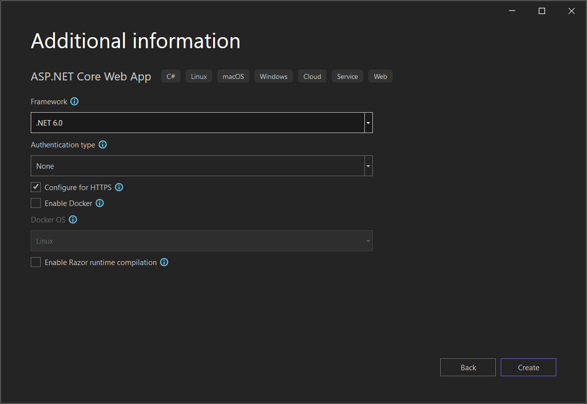 Screenshot that shows the default settings in the Additional information window where the target framework is set to .NET 8.0.