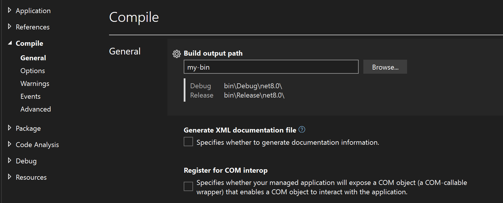 Screenshot che mostra la proprietà del percorso di output per un progetto di Visual Basic di .NET Core.