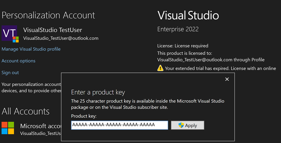 Screenshot della finestra di dialogo Immetti un codice Product Key quando l'utente ha una licenza scaduta.