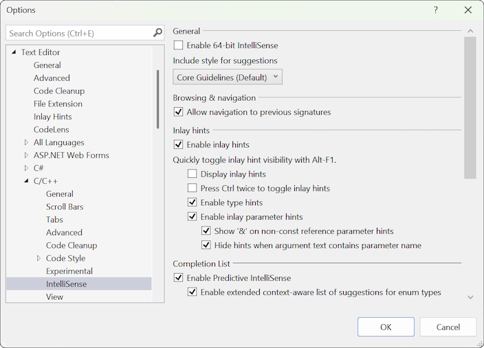 Screenshot che mostra le opzioni di IntelliSense per C++ nella finestra di dialogo Opzioni strumenti.