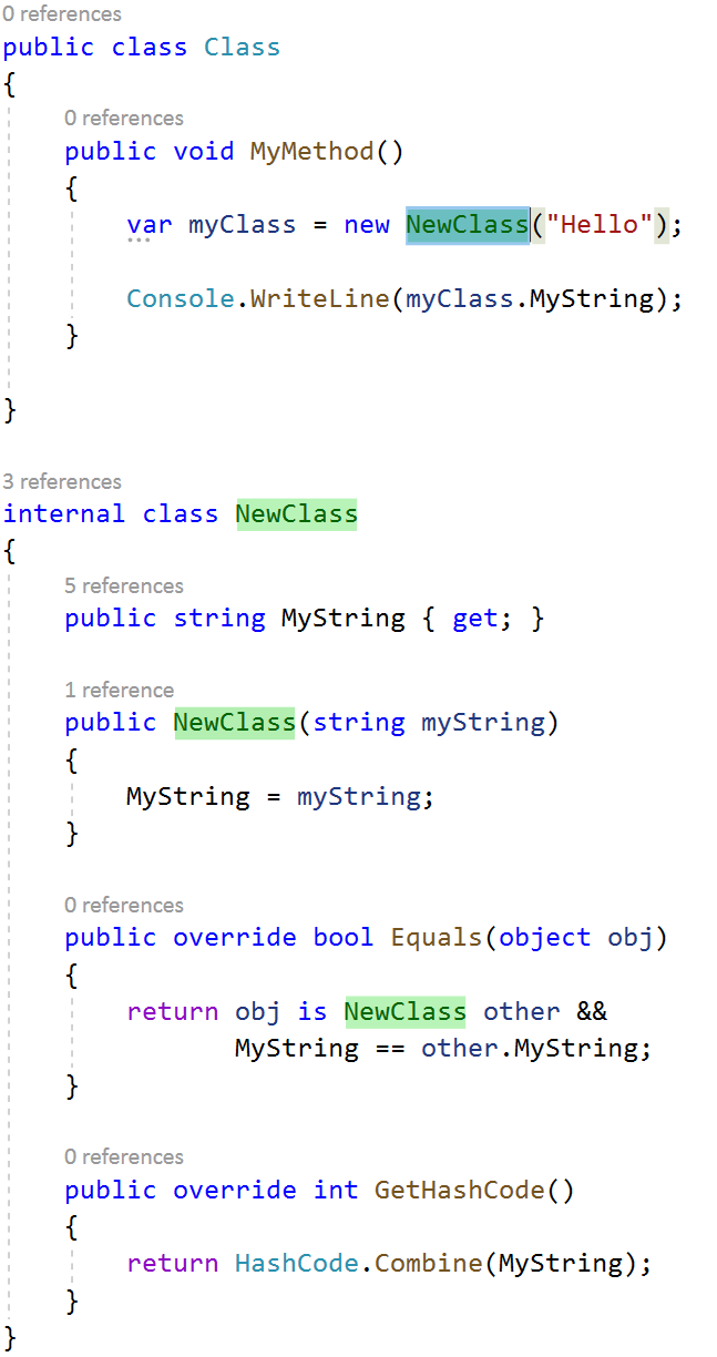 Screenshot di Convert Anonymous Type to Class accepted (Converti tipo anonimo in classe accettato).