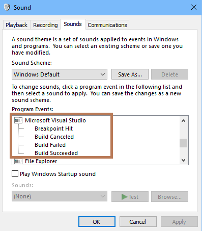 Screenshot della scheda Suoni della finestra di dialogo Suono in Windows 10.