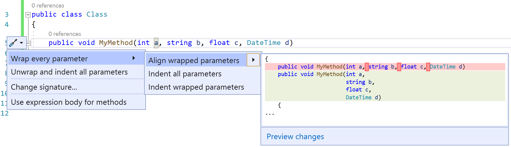 Screenshot dei parametri Wrap, Indent e Align.