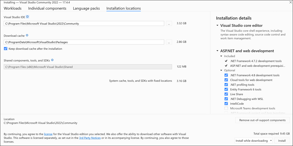 Screenshot showing the Installation locations tab of the Visual Studio Installer.