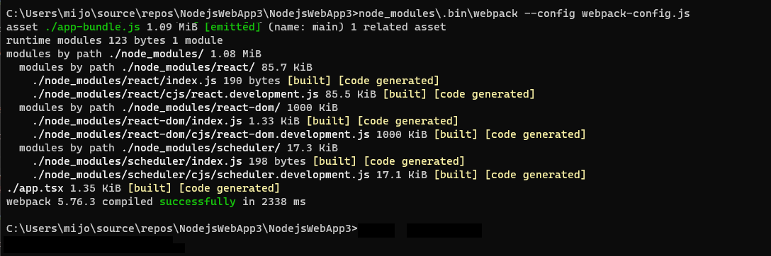 Screenshot che mostra i risultati dell'esecuzione del comando webpack.