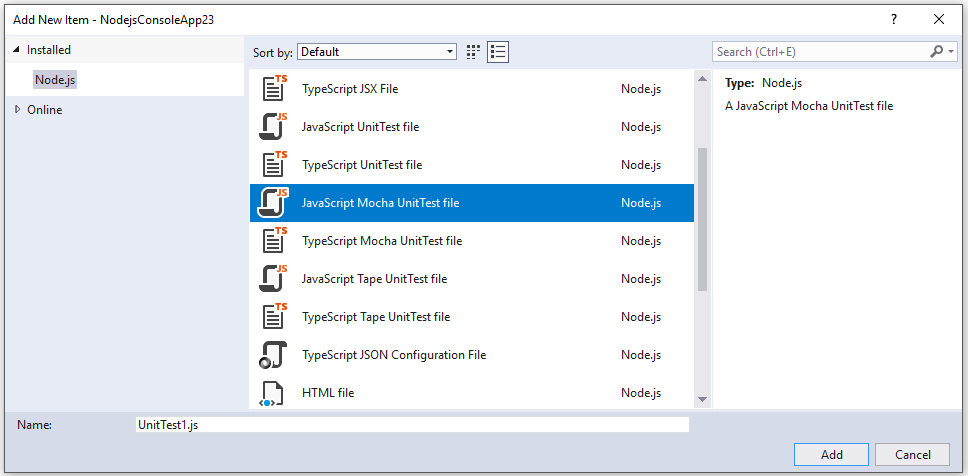Screenshot di come aggiungere un nuovo unit test.