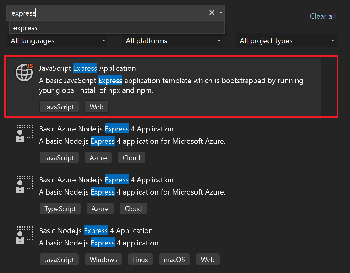 Creare un'app Node.js ed Express - Visual Studio (Windows) | Microsoft Learn