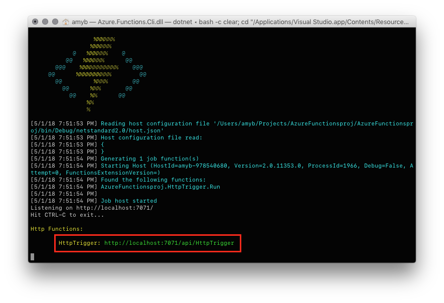 terminal window showing function output