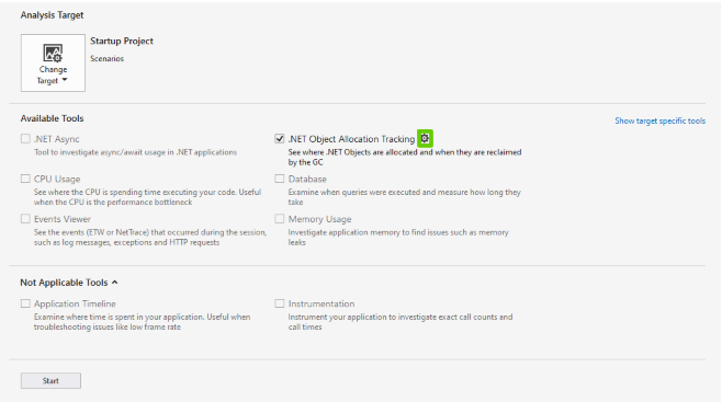 Screenshot delle impostazioni per lo strumento di allocazione Dotnet.