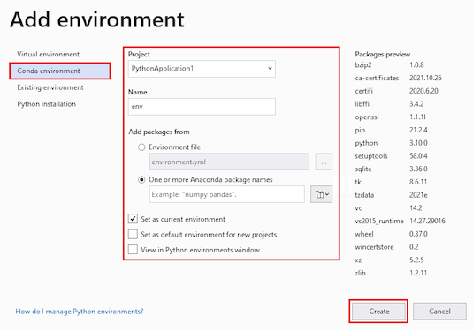 Screenshot della scheda Ambiente Conda nella finestra di dialogo Aggiungi ambiente in Visual Studio.