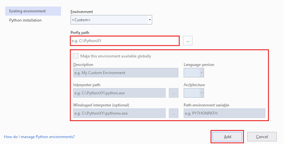 Screenshot che mostra come specificare i dettagli per un ambiente personalizzato nella finestra di dialogo Aggiungi ambiente in Visual Studio.