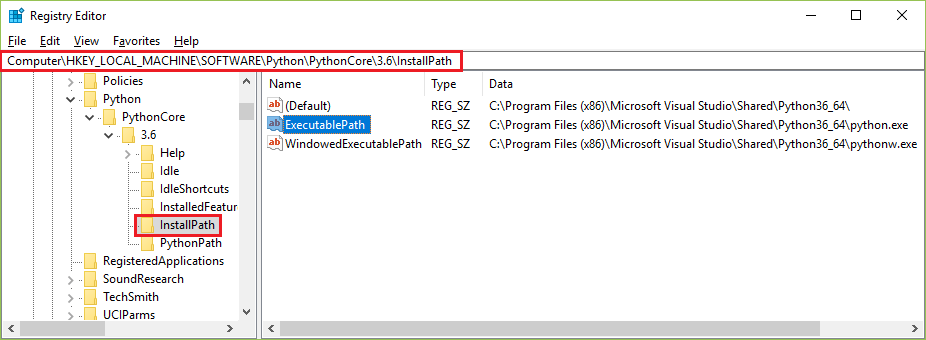 Screenshot delle voci del Registro di sistema per un'installazione CPython tipica nell'editor del Registro di sistema.