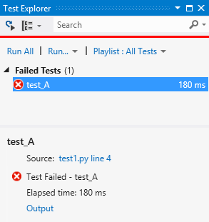 Screenshot che mostra lo stato di un test non riuscito in Esplora test.