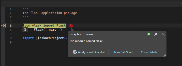 Screenshot del debugger di Visual Studio per Python che mostra una finestra di dialogo popup di eccezione.