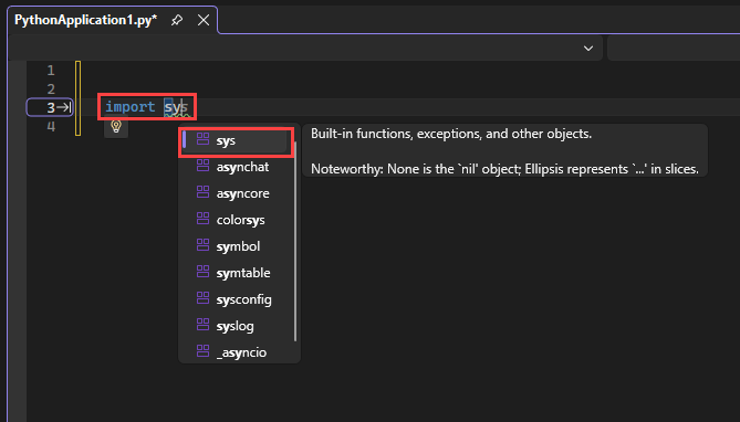 Screenshot che mostra in che modo IntelliSense visualizza i moduli disponibili per un'istruzione import nell'editor in Visual Studio.