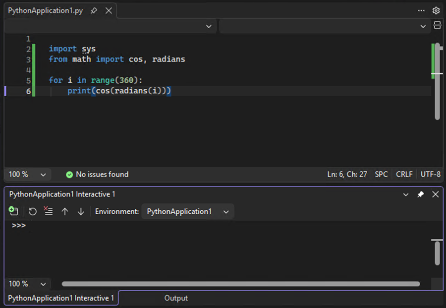 Screenshot che mostra la finestra interattiva per Python aperta sotto l'editor di codice in Visual Studio.