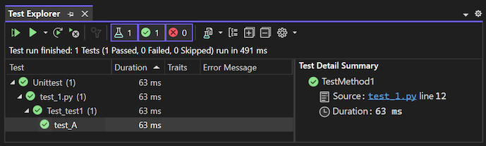 Screenshot che mostra lo stato di un test superato in Esplora test in Visual Studio 2022.