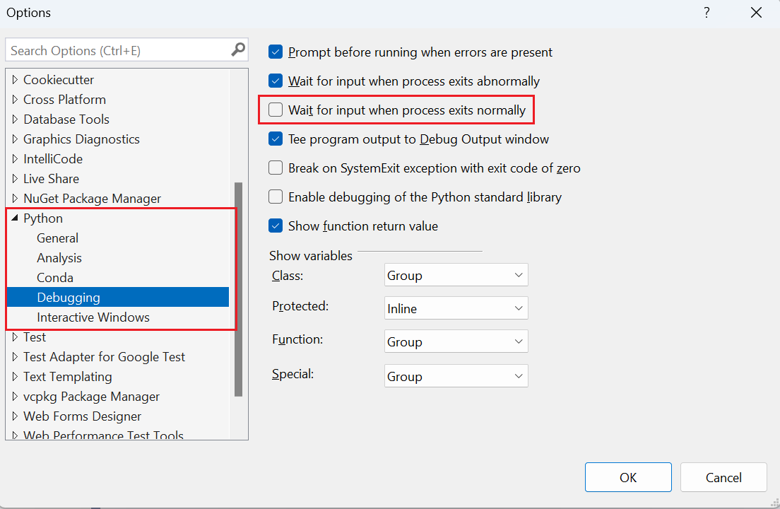 Python debugging option to close the output window on normal program exit