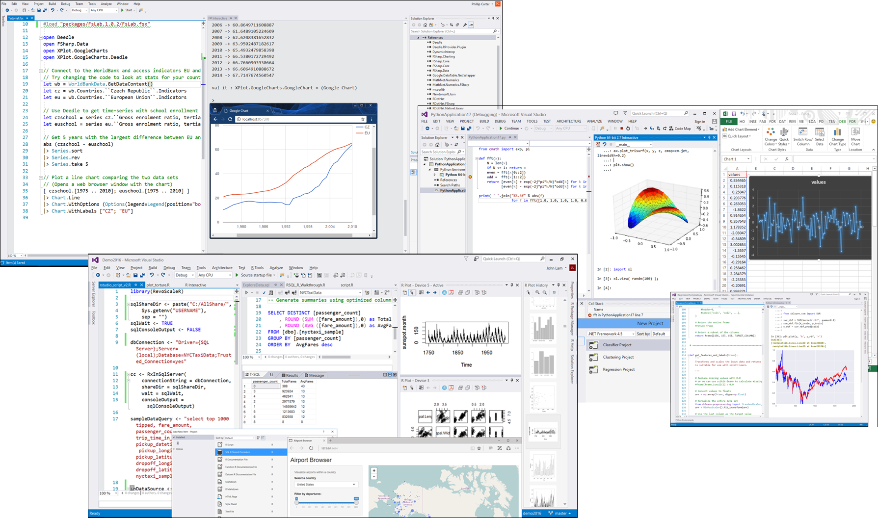 Screenshots of Visual Studio with R, Python, and F#