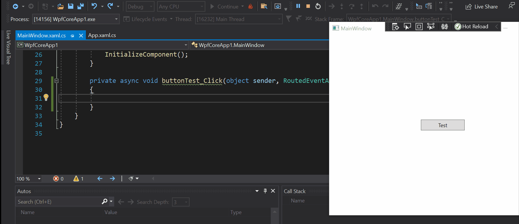 La modifica di .NET Ricaricamento rapido viene applicata in Visual Studio usando il pulsante 