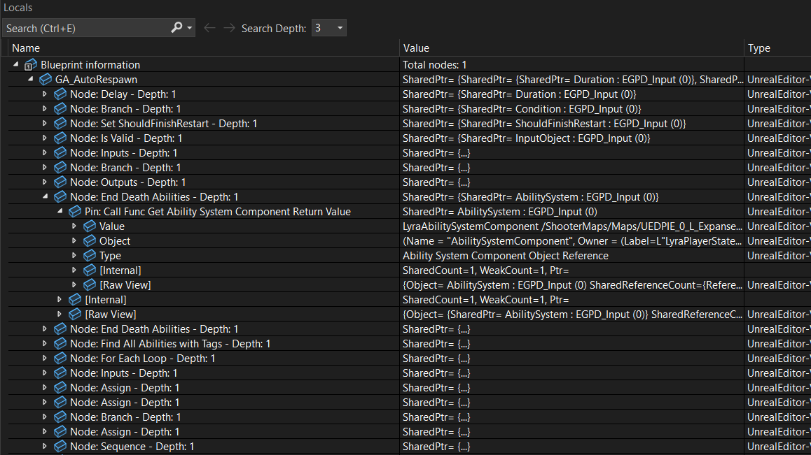 Variabili locali del debugger del progetto di Unreal Engine