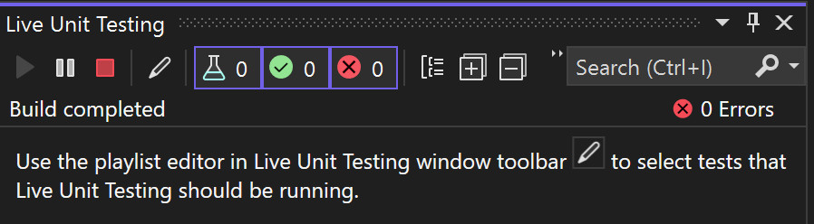 Barra di stato di Live Unit Testing