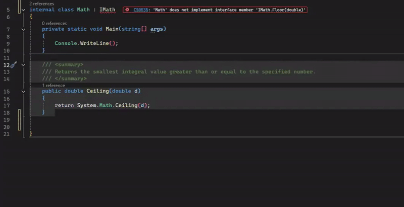 Video che mostra la modifica adattiva di un metodo incollato per completare un'implementazione dell'interfaccia.