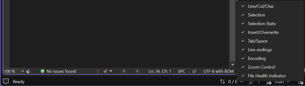 Screenshot del menu di scelta rapida dei margini dell'editor che mostra tutte le opzioni di visualizzazione dei margini disponibili per la personalizzazione