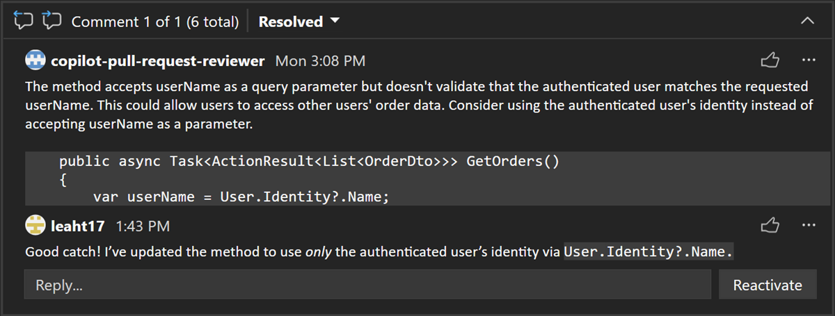 Commento della pull request visualizzato con formattazione Markdown
