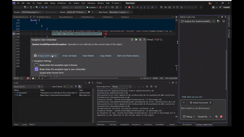 Video che mostra come l'helper delle eccezioni utilizza il contesto della finestra di output