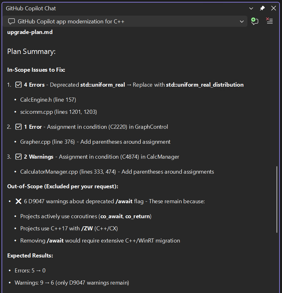 GiHub Copilot Chat che mostra il piano generato per risolvere gli avvisi e gli errori dopo l'aggiornamento alla versione più recente di MSVC