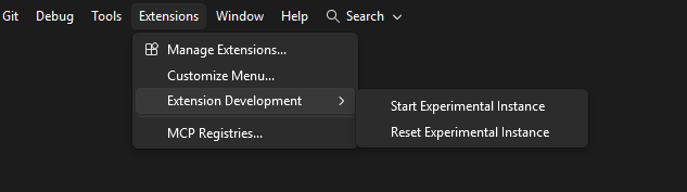 Opzioni di menu Istanza Sperimentale in Visual Studio