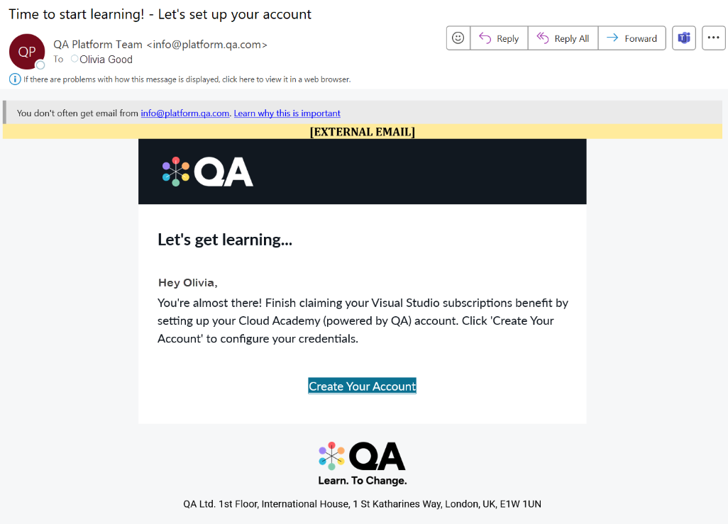 Screenshot delle istruzioni di configurazione dell'account di posta elettronica di Cloud Academy.
