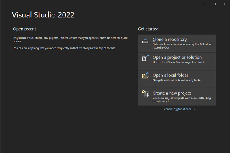 Screenshot delle opzioni per iniziare a usare visual Studio appena installato.