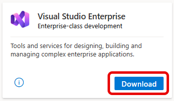 Screenshot del riquadro Visual Studio Enterprise e del pulsante 'Download'. 
