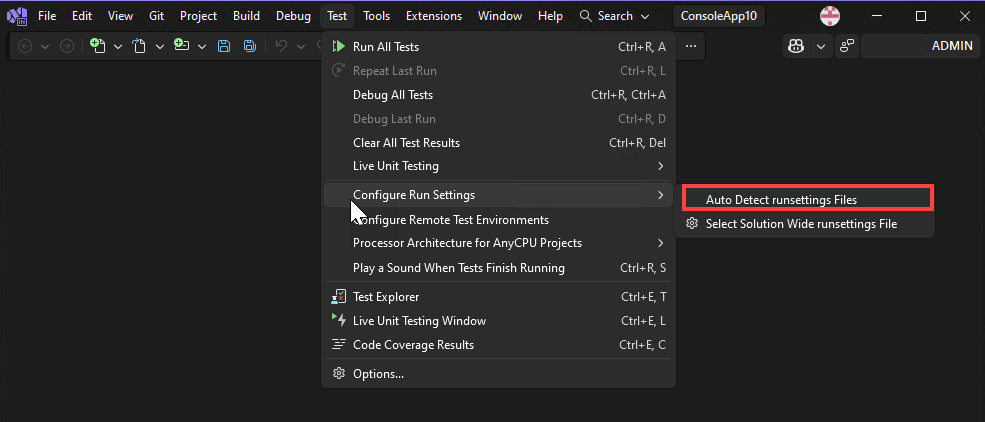 Screenshot del menu di rilevamento automatico dei file runsettings in Visual Studio.