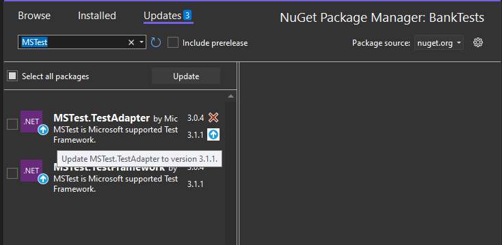Screenshot dell'adattatore di test di aggiornamento in Visual Studio 2022.
