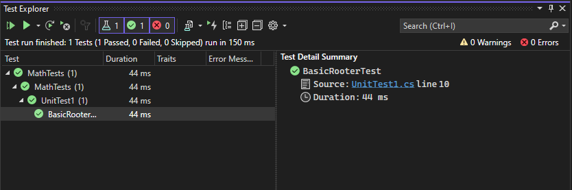 Esploratore di Test che mostra un test superato