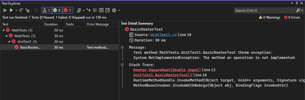 Riepilogo dettagli test in Test Explorer