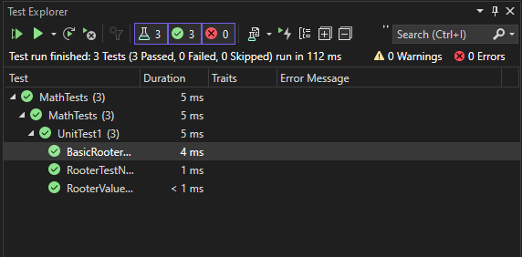 Esplora Test che mostra 3 test superati