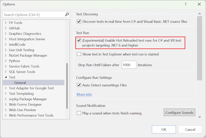Screenshot che mostra come selezionare l'opzione Abilita esecuzioni di test con caricamento a caldo in Visual Studio.