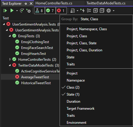 Screenshot of the Visual Studio Test Explorer showing a test hierarchy in one pane and the Group By menu in the other with the Class and State options checked.